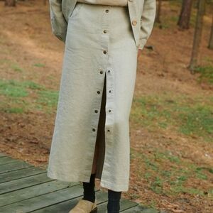 Vintage Linen Button Down Beige Plus Size Skirt Cotton